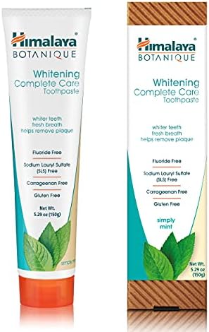 Himalaya Botanique Whitening Complete Care Toothpaste, Teeth Whitening, Fights Plaque, Fluoride Free, No Artificial Flavors, SLS Free, Cruelty Free, Foaming, Simply Mint Flavor, 5.29 Oz, 2 Pack