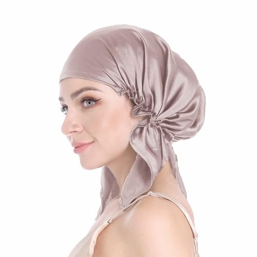 100% Silk Bonnet for Sleeping, Large Silk Sleep Cap with Tie Band for Curly Hair, Dusty Rose