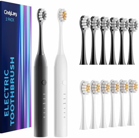 2 Pack Electric Toothbrush for Adults and Kids - Rechargeable Kids Ages 12+ and Adults with 12 Brush Heads & 2 Electric Toothbrush, 90 Days Battery Life - Black and White