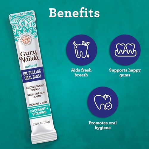GuruNanda Travel Sachets Coconut Oil Pulling, Fresh Breath Mouthwash, 7 Essential Oils & Vitamins for Happy Teeth & Gums, 28 Sachets