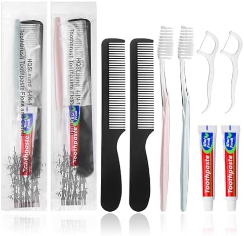200pcs Disposable Toothbrushes with Toothpaste and Comb Floss Individually Wrapped, 4-in-1 Bulk Toothbrush Kit with 2 Color Toothbrush,10g Toothpaste,7 inch Comb, Floss Pick