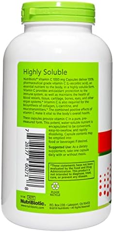 NutriBiotic - Vitamin C 1000 Mg Capsules, 250 Count | Essential Immune, Antioxidant & Collagen Support Supplement | Pharmaceutical Grade L-Ascorbic Acid, 1000 Mg Per Serving | Gluten & GMO Free