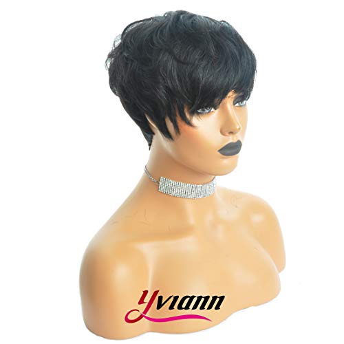 Human Hair Short Wigs Pixie Cut Wigs with Bangs Short Black Layered Wavy Wigs for Women 1B Color