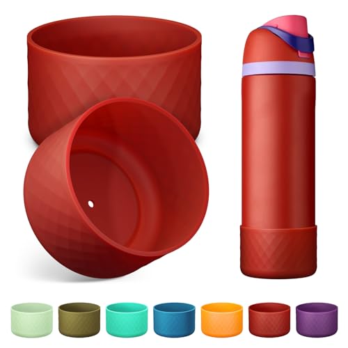 2PCS Silicone Water Bottle Boot for Owala 24 Oz, Anti-Slip Protective Sleeve Bottom Bumper Protector for FreeSip, Twist, and Flip Stainless Steel Water Bottles (Dark Red)