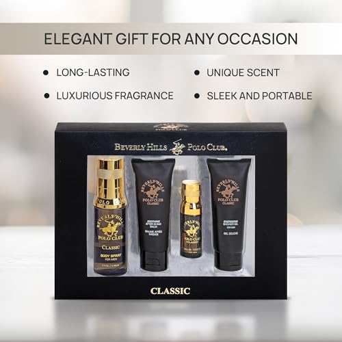 Beverly Hills Polo Club BHPC 4 Piece Economy Gift Set, with Eau De Toilette, Body Spray, After Shave & Shower Gel (Classic)