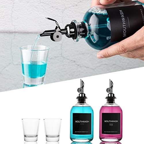 Black Glass Mouthwash Dispenser with Cups, 12.7 oz, 2 Pack - Clear Mouthwash Bottle with 304 Stainless Steel Spout & Minimalist Labels, Style Mouthwash Container for Bathroom