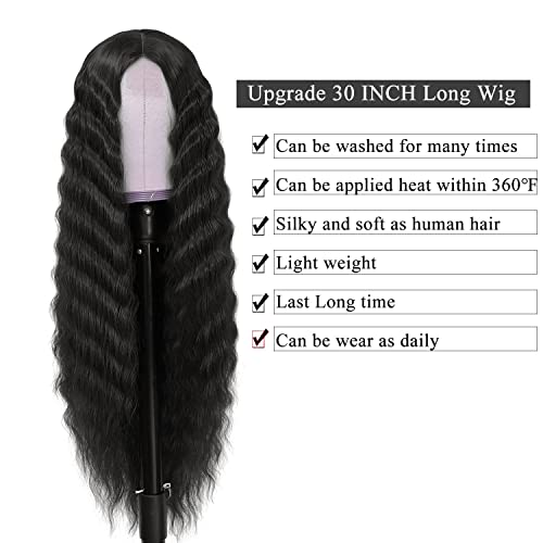 30 Inch Synthetic Curly Wigs for Women Long Black Hair Wig Lace Front 4" Simulated Scalp Natural Loose Deep Wave Crimps Curls Wig As Hair Replacement Wigs 1B