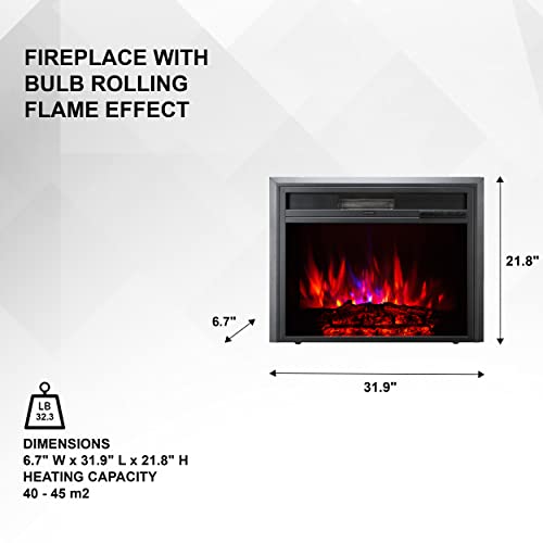 XBrand 32 Inch Insert Electric Fireplace Heater with Remote Control, LED Rolling Flame Effect, and Temperature Limiting Control, Glass and Steel Indoor, Black