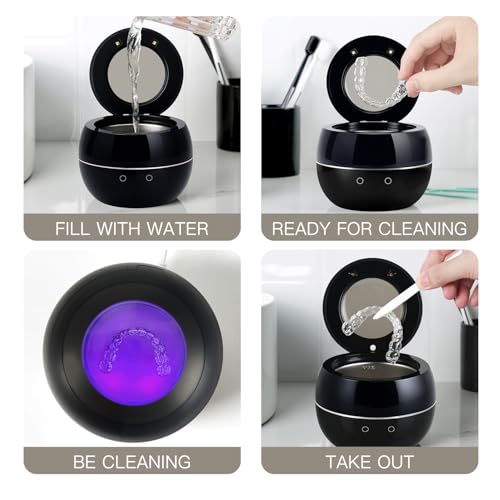 Dental Ultrasonic Retainer Cleaner Machine: 45kHz Dental Cleaning Pod for Denture, Aligner, Mouth Guard, Night Guard, Braces & Jewelry, UV Denture Cleaner with Digital Timer & Dual Mode 250ML Black