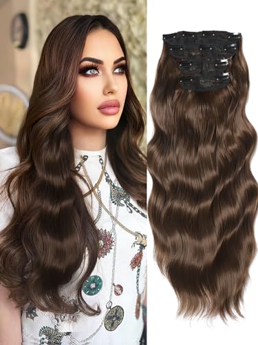 Blonde Hair Extensions, 20inch 4PCS Long Wavy Curly Clip in Hair Extensions Natural Soft Synthetic Hairpieces for Women (Chocolate Brown)