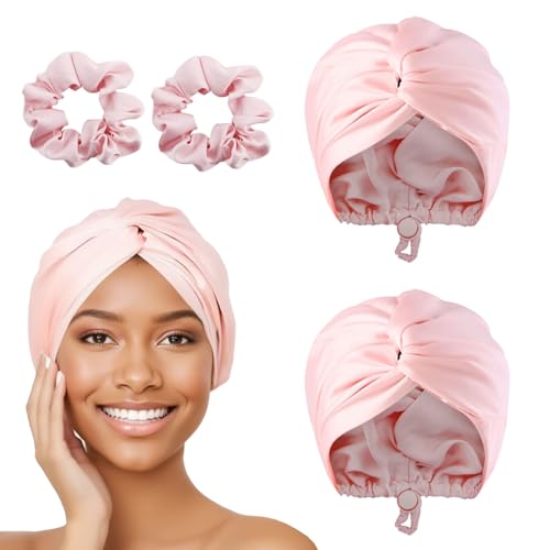 2Pcs Adjustable Silk Hair Bonnet For Sleeping, Sleep Cap With 2 Pcs Scrunchies, Silk Hair Wrap For Sleeping Women For Curly Hair, Natural Hair Care Night Caps (Pink)