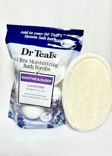 Dr.Teal's 5 Ultra Hydrating Bubble Bath Bombs in Soothing Lavender with Essential Oils for Women and Men, 1 Exfoliating Pad