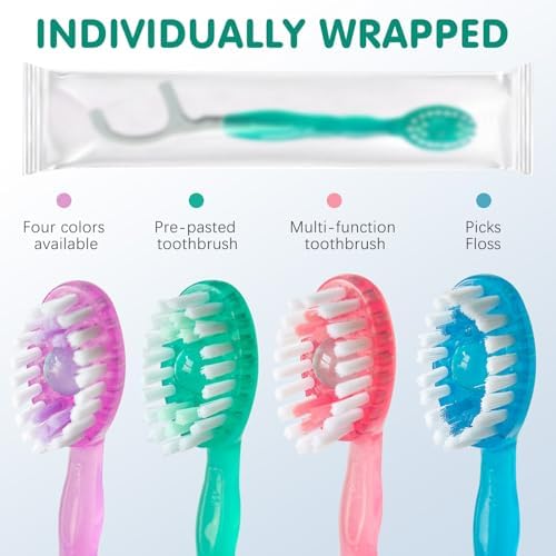 5 in 1 Disposable Mini Toothbrushes on The go Toothbrush Portable Travel Toothbrush（Toothpaste + Tongue Scraper + Floss + Picks Individually Wrapped Prepasted Oral Care Mint 24 Packs
