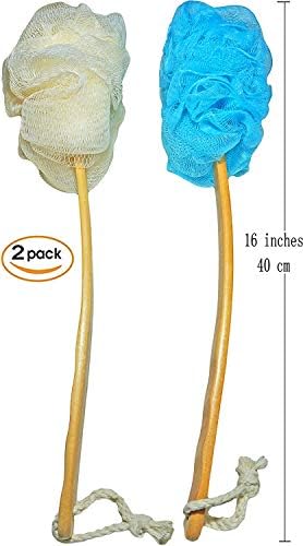 2-Pack Shower Loofah Body & Back Scrubber - Exfoliating Loofah luffa loofa Bath Brush On a Stick - with Long Wooden Handle Back Brush for Men & Women - Easy Reach Body Wash & Lotion Applicator