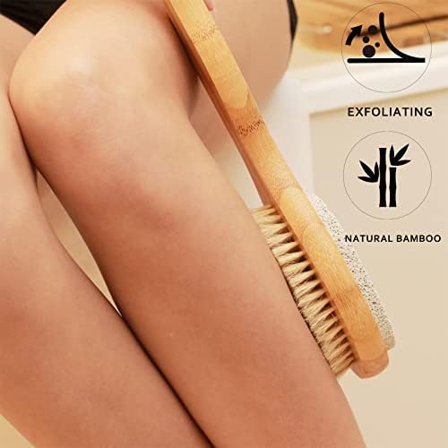 2 in 1 Long Handle Bath&Shower Brush,Bath Scrubber,Boar Bristle with Pumice Stone Exfoliate & Soften Skin,Dry Brushing Body Brush for Cellulite&Lymphatic Drainage
