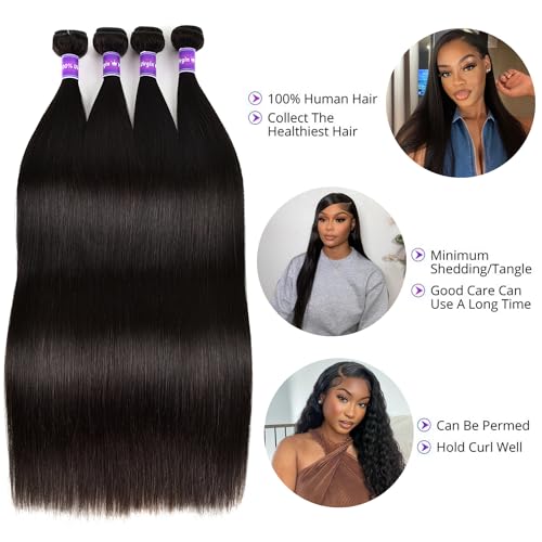 10A Human Hair Bundles Straight Hair Bundles Brazilian Straight Human Hair Bundles 18 20 22 24 Inch 100% Unprocessed Virgin Weave 4 Bundles Human Hair Raw Remy Hair Bundles Deals Natural Black