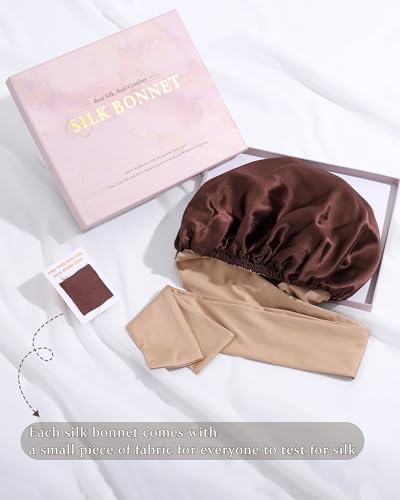 100% Mulberry Silk Bonnet for Sleeping Women Double Layer Silk Hair Bonnet Natural Silk Sleep Cap with Elastic Reversible Hair Wrap (Coffee + Champagne)