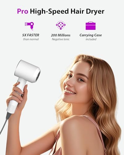 Hair Dryer with Carry Case, 160000 RPM Professional High-Speed Blow Dryer 200 Millions Negative Ionic Care Hair Dryer for Fast Drying, Low Noise Hairdryer, Travel with Magnetic Diffuser&Nozzle, White
