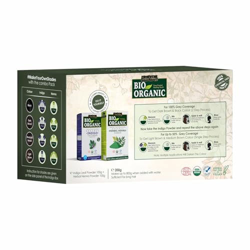 INDUS VALLEY Bio Organic 100% Pure Indigo Powder & Herbal Henna Powder Hair Color Combo Kit for Natural Hair Dyeing - Black, Indigo - 100 gm Each, Without Preservatives