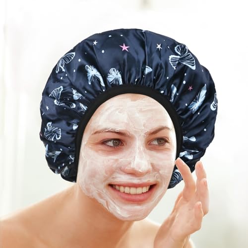 Blue Butterfly Print Satin Shower Cap, Three-Layer Terry Cloth Lined, with Silk Hair Ties, Microfiber Waterproof Reusable Large Size Shower Cap for Women Long Thick Hair