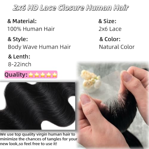 2x6 HD Lace Closure Body Wave Human Hair Transparent 2 by 6 HD Lace Closure 14Inch 100% Brazilian Virgin Unprocessed Middle Part Human Hair Kim K Closure With Baby Hair Natural Color