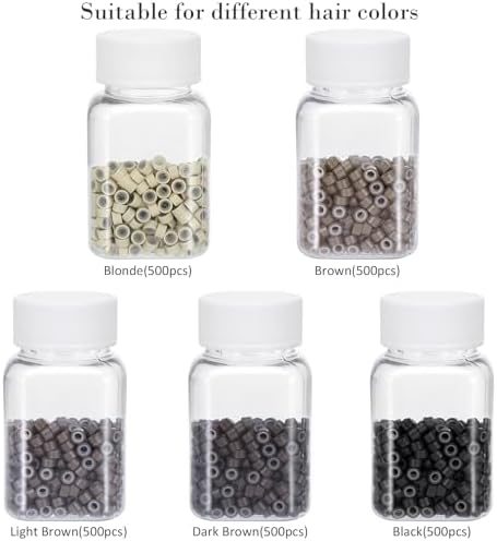 Hair Extension Tools Kit, 2500 Silicone Lined Micro Rings, 1 Plier, 1 Comb, 1 Threader, 1 Crochet Hook, 10 Curved Hair Needle, 5 Metal Hair Clips, 5 Rolls Sewing Threads, 1000 Mini Rubber Bands