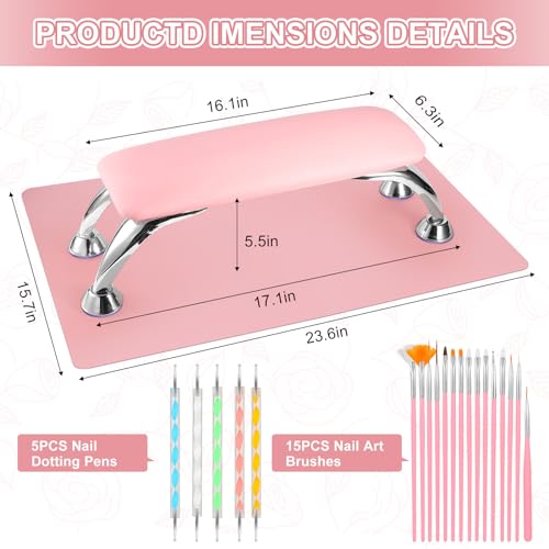 Big Arm Rest for Nails Cushion, Microfiber Leather Nail Arm Rest, Soft Hand Rest for Nails Toenails, Removable Nail Hand Rest with Installation Tools and Manicure Tools (Pink)