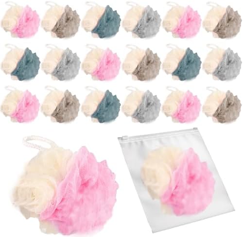 20 Pack Travel Loofah Individually Wrapped, Small Loofah Shower Puff, 30g Mini Bath Sponge Pouf Ball Body Sponges for Shower, Multicolor