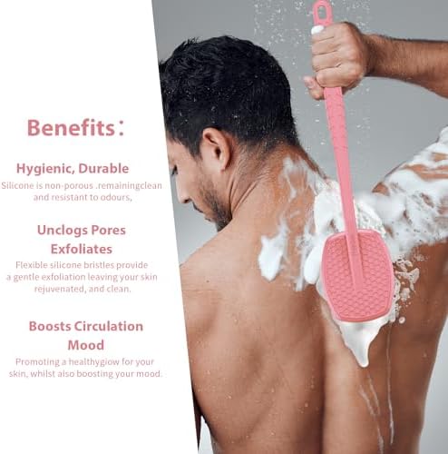 iTokGoK® All New Premium Silicone Back Scrubber with Tire Anti-Slip Long Handle for Shower, Gentle Exfoliating and Massage Brush Scrubber for Sensitive Skin for Men and Women (Pink)