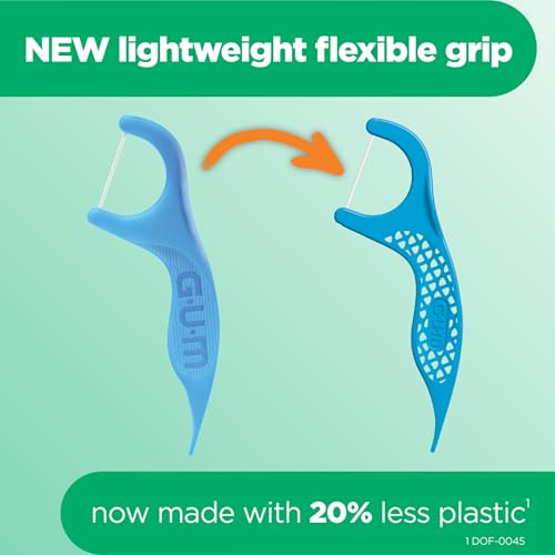 GUM Advanced Care Floss Picks - Dental Flossers for Adults with Vitamin E and Fluoride - Extra Strong Shred-Resistant Dental Floss, Easy Grip Handle, Fresh Mint Flavor, 150 Count