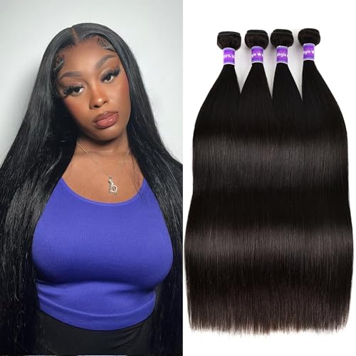 10A Human Hair Bundles Straight Hair Bundles Brazilian Straight Human Hair Bundles 18 20 22 24 Inch 100% Unprocessed Virgin Weave 4 Bundles Human Hair Raw Remy Hair Bundles Deals Natural Black