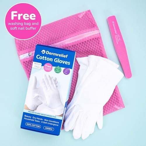 Cotton Gloves - for Beauty, Dry Hands, Eczema, Dermatitis and Psoriasis (7 Pairs) with Free Gifts (Professional Nail Buffer & Washing Bag) (Large)