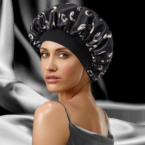 Black Bonnet Satin Silk Hair Bonnet With Tie Band for Sleeping Large Bonnets Hair Wrap with Adjustable Straps Hair Sleep Caps for Women Curly Braid Hair