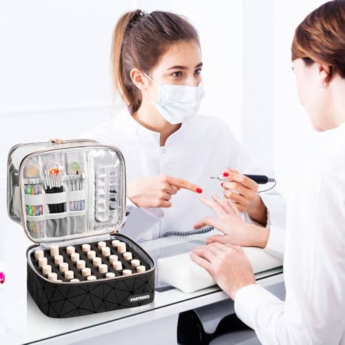 Clear Nail Polish Organizer Holds 30 Bottles (15ml/0.5fl.oz)& Nail Lamp, Double Layer Nail Supplies Organizer Case Transplant, PU Leather Nail kit Storage Bag for Manicure Tools (Black)