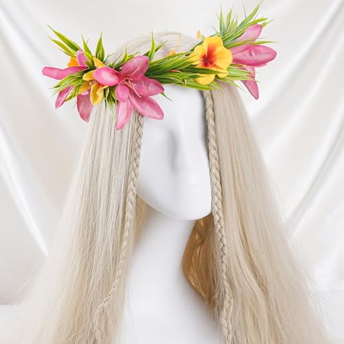 Hawaiian Leis Flower Crown - Artificial Tropical Flower Headpiece Hawaii Floral Headband with Ribbon Lei Luau Dress Up Hair Accessories for Luau Party Costume Beach Pool Vacation Decorations