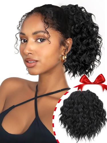 Isaic Ponytail Extension 8 Inch Short Wavy Curly Ponytails Drawstring Ponytail for Black Women Jet Black Pony Tails Hair Extensions Synthetic Hairpiece for Daily Use