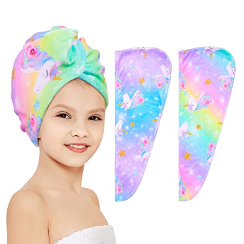 FIOBEE Microfiber Hair Towel Wrap for Kid Rapid Drying Towel Absorbent Hair Turbans for Wet Hair with Button Women Girls Long Curly Hair Pack of 2, Blue