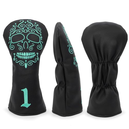 Black Golf Club Covers Skull Embroidery Driver Headcover Fairway 3 Wood Headcover Hybrid Headcover for Your Selection fits for All Brands (for driver(1pc))