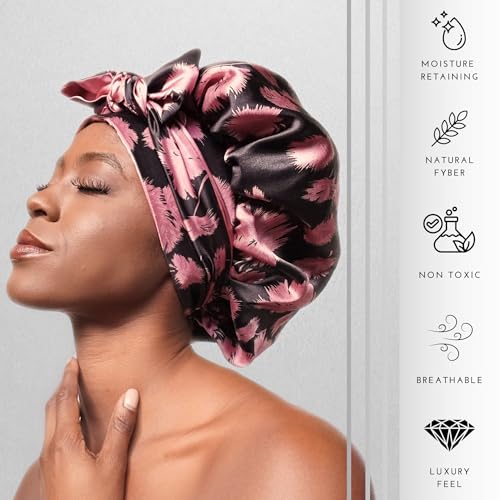 100% Mulberry Silk Bonnet for Sleeping with Ties – Adjustable 19 Momme Double-Layer Reversible Hair Wrap – Stay-On Sleep Bonnet for Women, Long Curly Hair, Natural Hair Care, Real Silk Night Cap – Handmade in USA (Vintage Pink)