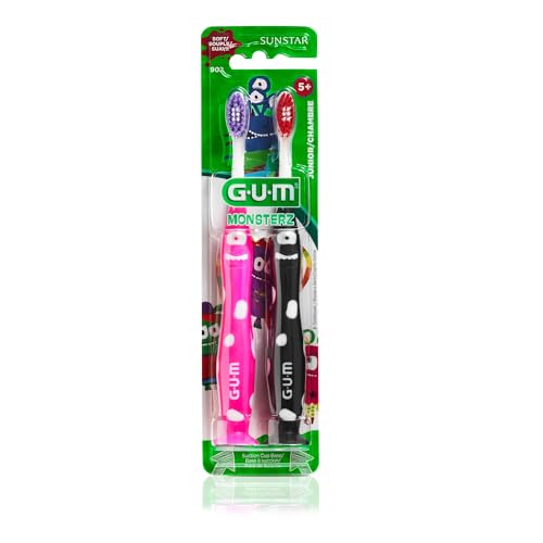 GUM Monsterz Jr Kids’ Toothbrush, Soft Bristled Children’s Toothbrush with Suction Cup, for Ages 5+, 2 Count(Pack of 6)