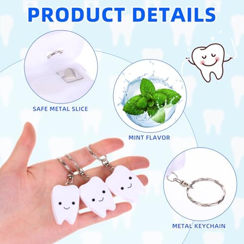 48 Pcs Mini Dental Floss Keychain Bulk Tooth Shaped Portable Teeth Floss Cleaning for Homeless Party Favors Travel Donated Gifts Teeth Cleaning Oral Care Mint Flavor 15 M /16. 4 Yard