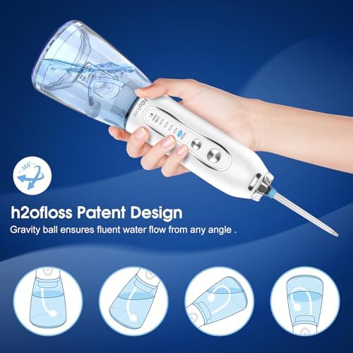 H2ofloss Water Dental Flosser Portable Dental Oral Irrigator with 5 Modes, 6 Replaceable Jet Tips, Rechargeable IPX7 Waterproof Teeth Cleaner for Home and Travel -300ml Detachable Reservoir (HF-6)