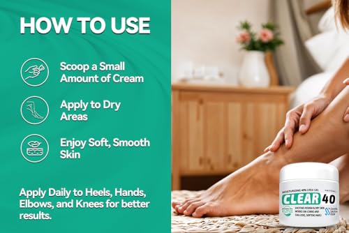 CLEAR 40 Urea Cream 40 Percent for Feet Maximum Strength (4oz) | Softens Cracked Heels & Dry Skin Urea Cream 40 Percent - Tea Tree & Coconut Oil | Callus & Corn Treatment | Made in USA