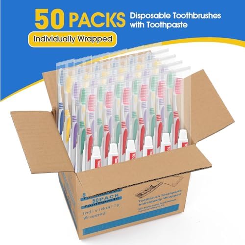 HOMVLE 50 Packs Individually Wrapped Buld Toothbrush and Toothpaste, Disposable Toothbrush with Toothpaste for Travel Ttoothbrush Toiletries, OCC, Airbnb, Dentist, Office/5 Colorful