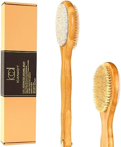 2 in 1 Long Handle Bath&Shower Brush,Bath Scrubber,Boar Bristle with Pumice Stone Exfoliate & Soften Skin,Dry Brushing Body Brush for Cellulite&Lymphatic Drainage