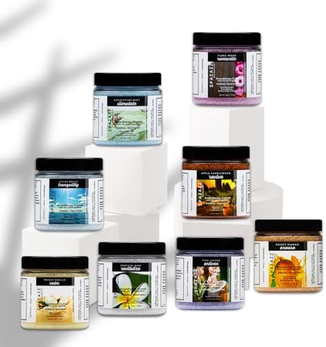 Hot Tub Aromatherapy Bath Salt 8-Pack Botanicals Bundle (4oz) - Apple Sandalwood, French Vanilla, Flora Wood, Ocean Breeze Pina Colada, Honey Mango,Tropical Rain, Eucalyptus, with Hot Cold Towel