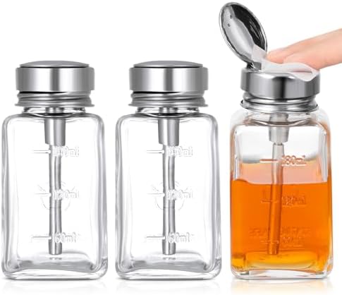 3 Pcs Clear Pump Dispenser Bottle Push Dispenser with Metal Flip Cap 180ml Glass Dispenser Pressure Container Refillable for Dispensing Nail Polish Remover Alcohol Toner and Makeup Remover