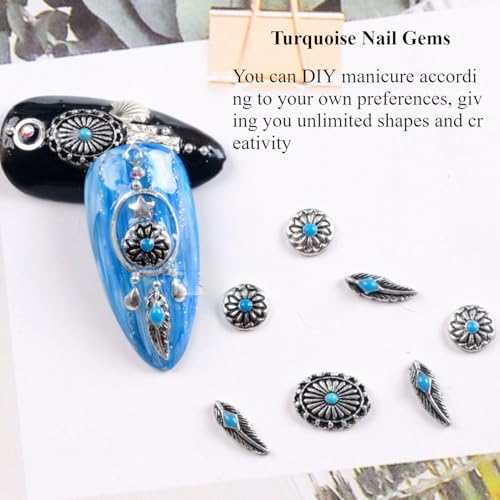 50 PCS Metal Turquoise Nail Charms - Western Cowboy Nail Art Decorations, 3D Nail Gems for DIY Manicure, Mixed Shapes Nail Accessories for Gel Acrylic Nails (Blue)