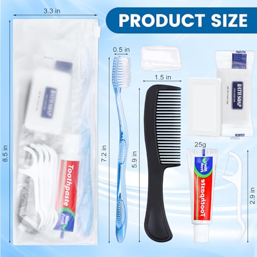 100 Sets Personal Hygiene Kit Basic Toiletry Kits Homeless Supplies Bulk for Women,Men,Travel,Charity,Business Include 100 Toothbrush,100 Toothpaste,100 Comb,100 Bath Soap,500 Floss Pick