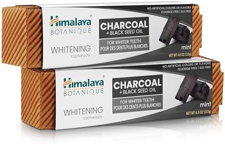 Himalaya Botanique Whitening Antiplaque Toothpaste with Charcoal + Black Seed Oil, Fluoride Free, for Whiter Teeth, 4 oz, 2 Pack…